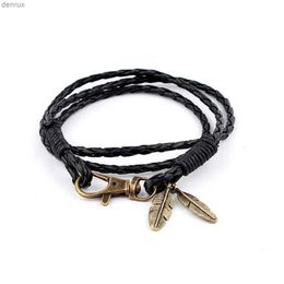 Other Bracelets Vintage Leaf Feather Multilayer Leather Bracelet Men Fashion Braided Handmade Keychain Rope Wrap Bracelets Bangles Male GiftL240415