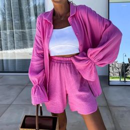 Women's Tracksuits Lapel Long Sleeved Shirt And Shorts 2pc Set Fashion Single Breasted Beach Outfits Spring Summer Pleated Solid Loose Suit