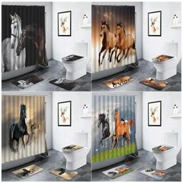 Shower Curtains Grassland Pentium Horse Curtain Farm Animals Bathroom Decor Anti-slip Carpet Bath Mat WC Rugs Toilet Cover Sets