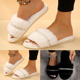 Slippers Ladies Winter Solid Colour Beaded Upholstered Soft Woolly Cotton Slip On Flat Like Women