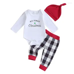 Clothing Sets Pudcoco Infant Baby Girls 3PCS Pants White Long Sleeve Letter Print Romper Plaid Hat 0-9M