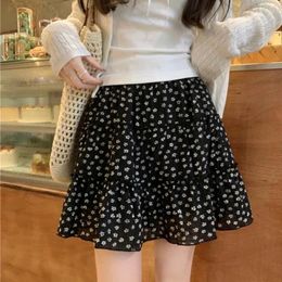 Skirts Deeptown Ruffle Mini Skirt Elegant Women Black Floral Sweet Short Vintage Pleated Kawaii Layered Casual Patchwork