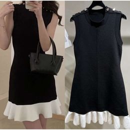 Vintage New Short Dresses Women Black White Splicing Sleeveless Swing Hem Clothing Summer Spring 2024 Tank Vest Top Button Shoulder Decoration Skirt FZ2404153