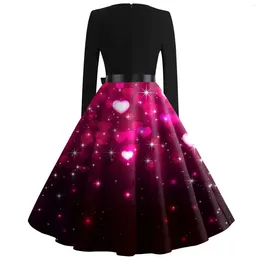 Casual Dresses Women'S Retro Classic Dress Long Sleeve Valentine'S Day Print Square Neck Swing Hepburn Evening