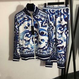 Sports Set Blue and White Porcelain Printed Standing Neck Long Sleeved Zipper Coat+letter Ribbon Straight Leg Casual Pants