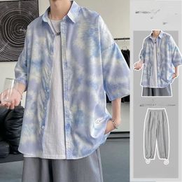 Men's Tracksuits 2024 Men Sets Print Contrast Colour Lapel Short Sleeve Casual Shirt Beach Pant Summer Streetwear Vacation Hawaiian Suits T31
