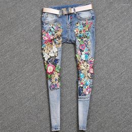 Women's Jeans Spring Autumn Fashion Women Bronzing Sequins Flowers Worn Mid Waist Skinny Pencil