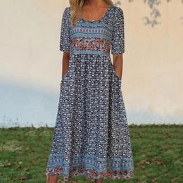 Casual Dresses Boho Long Dress Bohemian Ethnic Print Midi With Side Pockets Pleated A-line Hem Women's Summer Daily Wear In Soft Round