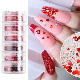 Nail Glitter 6pcs/Set Love Heart Sequins Mixed Red Flakes Powder Valentine's Day Decoration Paillette Powders