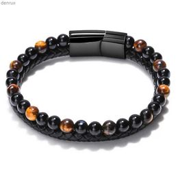 Other Bracelets ZG Volcano Tiger Eye Beaded Bracelet Cowhide Rope Natural Stone Bracelet For Men Agate Bracelet JewelryL240415