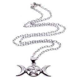 Triple Moon Wiccan Pentacle Necklace Pendant Vintage Silver Alloy Gothic Collares Statement Necklace Women Fashion Jewelry Goddess9550073