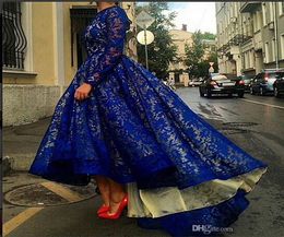 Custom High Low Lace Royal Blue Prom Dresses With Long Sleeves Elegant Evening Gowns Puffy Princess Party Dresses5257246