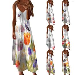 Casual Dresses Women Boho Dress Floral Printed Spaghetti Strap Trendy Flowy Beach Oversized Sleeveless V Neck Big Swing Maxi