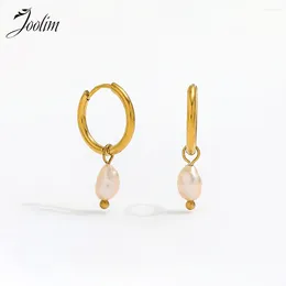 Hoop Earrings Joolim Jewelry High Quality PVD Wholesale Tiny Fashion Freshwater Pearl Pendant Dangle Huggie Stainless Steel Earring For