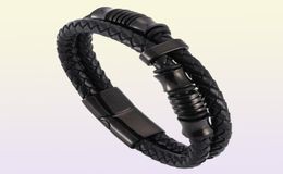 Double Woven Leather Bracelet For Men Punk Jewellery Black Stainless Steel Magnetic Clasp Wristband Fashion Bangles Gifts Bangle1984366