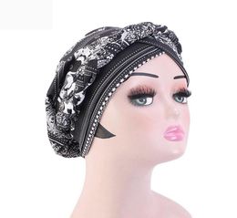 BeanieSkull Caps Summer Flower Print Turban Muslim Hat Fashion Braided Bandanas India Head Wrap African Nigerian Headwear Party A8402553