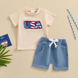 Clothing Sets Baby Boys Shorts Set Short Sleeve Embroidery Letters T-shirt With Elastic Waist Summer Outfit For 4th Of July