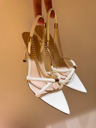 Elegant 2024S/S Gianvito Rossi Chain Stiletto Sandals Shoes Women Heel Golden Chain Side Straps Pointed Toe Sexy Pumps Party Wedding High Heels Shoe EU35-41