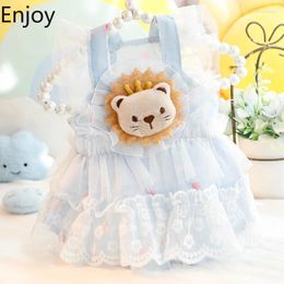 Dog Apparel Clothes Summer Cat Princess Gauze Dress Cute Lion Blue Pink Straps Pet 5732