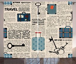 Curtain Old Spaper Curtains For Living Room Retro Styled Travel Vacation Vintage Suitcases Keys Dot Text Window Drapes Kids