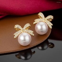 Dangle Earrings Crystal Bow For Women Wedding Party Elegant Pearl Vintage Korean Fashion Jewellery Champagne White