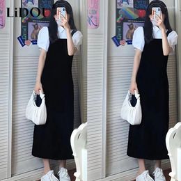 Casual Dresses Summer Elegant Fashion Short Sleeve White Shirt Black Slip Dress Two Pieces Set Women's Simple Blouse Tank Robe Suit