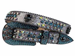 Men's Fashion Bling Crystal Silver Glitter Leather Rhinestone Belt Studded Belt Removable Western Skull Buckle & with Skull Concho2983554