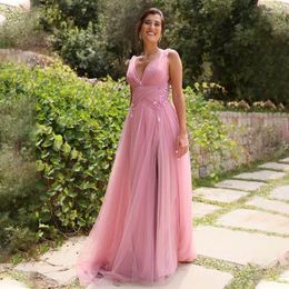 Party Dresses Pink Fashion V-neck 3D Flower Prom Rubbon Formal Grown Bridemaid Rode De Morrie