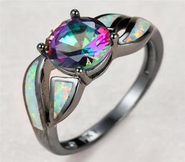 Wedding Rings Charm Female White Opal Stone Ring Trendy 14KT Black Gold Vintage Rainbow Round Zircon Engagement For Women4486297