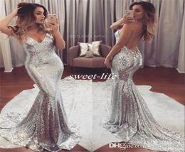 Sparkly Silver Prom Dress Backless Spaghetti Straps with Train Special Occasion Dresses Women Evening Party Queen Gowns9637053