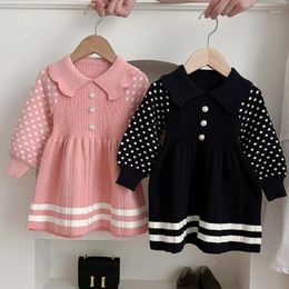 Girl Dresses Autumn Winter Princess Girls Ruffle Collar Polka Dot Long Sleeve Striped 1-7Y Kids Sweater Dress Baby Knitted Clothing