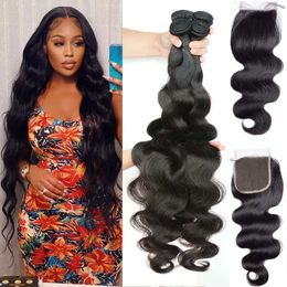 Body Wave 3 Bundles with Closure Brazilian Human Hair Bundles with 4X4 Closure Unprocessed Bundles Deals Add Free Part Closure Natural Color Double Weft Greatremy