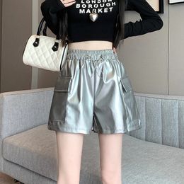 Minimalist Casual Autumn Winter Womens Solid Color Elastic Drawstring Pocket PU Leather Wide Leg Fashion Loose Shorts 240415