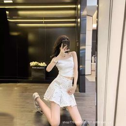 Mm24 Summer Refreshing Girl Heavy Industry Hot Rolled Diamond Full Print Letter Wave Dot A-line Pleated Denim Skirt Short