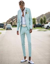 Mint Green Mens Suits Slim Fit Two Pieces Beach Groomsmen Wedding Tuxedos For Men Peaked Lapel Formal Prom Suit JacketP3423112