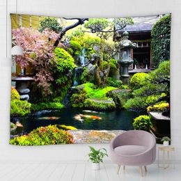 Tapestries Japanese Garden Landscape Tapestry Hanging Wall 3D Green Tree Fountain Pond Koi Scenery Printing Aesthetic Fabric Home Decor