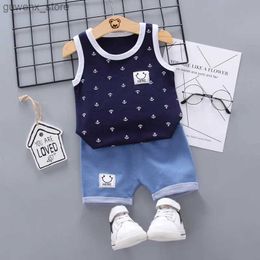 Clothing Sets Newborn Baby Clothes Print Boys Suit Summer Baby Girl 2 Pieces Suit Sleeveless Top+ Denim Short Toddler Boy Set Cotton Outfits Y240415