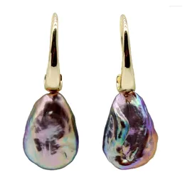 Dangle Earrings Women's Purple Natural Freshwater Pearl Long Drop Shaped Baroque Gold Ladies Jewelry