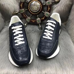 Casual Shoes Authentic Exotic Ostrich Skin Dark Blue Color Men's Sneakers Genuine Real True Leather Male Lace-up Outdoor Flats