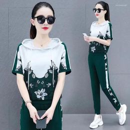 Women's Two Piece Pants 2024 Summer Casual Printing Suit Women Sports Set Explosive High-Quality Two-Piece Hooded Running 2PCS Slim Fashion