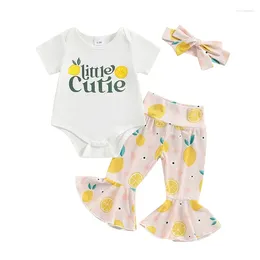 Clothing Sets Baby Girl 3 Piece Outfits Letter Print Short Sleeve Romper Lemon Flare Pants Headband Set Toddler Summer Clothes