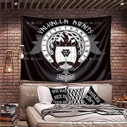 Tapestries White Norse Flag Tapestry Warship Of The Vikings Drakkar Boat On Fire And Runes Creative Black Home Decoration