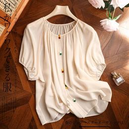 Women's Blouses Chiffon Shirt Solid Colour Vintage Summer Short Sleeve Women Tops O-neck Loose Fashion Clothing YCMYUNYAN