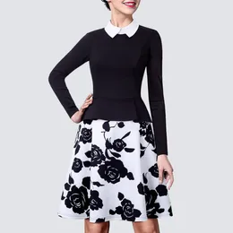 Casual Dresses Fresh One-Piece Printed Floral A-line Peplum Dress Chic Turn-down Collar Full Sleeve Zipper Fit And Flare Ball Gown HA027