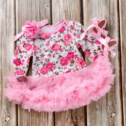 İlkbahar ve Sonbahar Yeni Kore Edition Bebek Kız Gül Uzun Kollu Bodysuit Gül Basılı Elbise Moda Mesh Çocuk Elbise