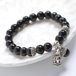 Korean Style Amethyst Beaded with Black Agate Cinnabar Crown Single Loop Bracelet for Women's Fashion Accessories