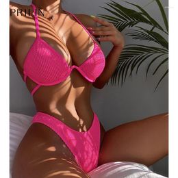 Women's Swimwear PRILIN Women Neon Pink Swimsuits Bandage 2 Piece Push Up Sexy Bikini Halter Underwire Bathing Suit