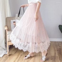 Skirts TingYiLi Lace Tulle Skirt Korean Style Elegant Maxi Black White Grey Long