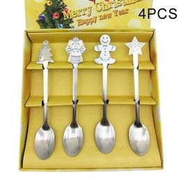 Spoons 4Pcs/Set Christmas Tableware Coffee Stainless Steel Ice Cream Dessert Spoon Snowman Tree Kid Drinking Tea Scoop