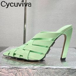 Slippers Pointy Toe Leather High Heels Women Cross Braid Hollow Out Brand Mules Shoes Summer Sexy Runway Party For